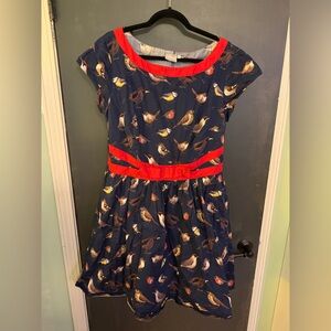 Charming Bird Print Retro Style Women’s Dress - Blue and Red
